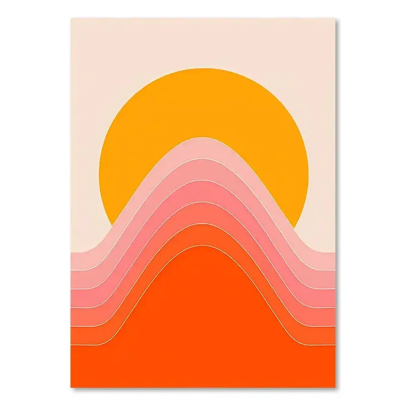 Decorbites™ retro rainbow boho art prints canvas features a vibrant orange sun with pink and coral waves on beige background