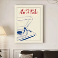 Decorbites™ retro record player canvas wall art with minimalist blue line drawing and red text for modern music play