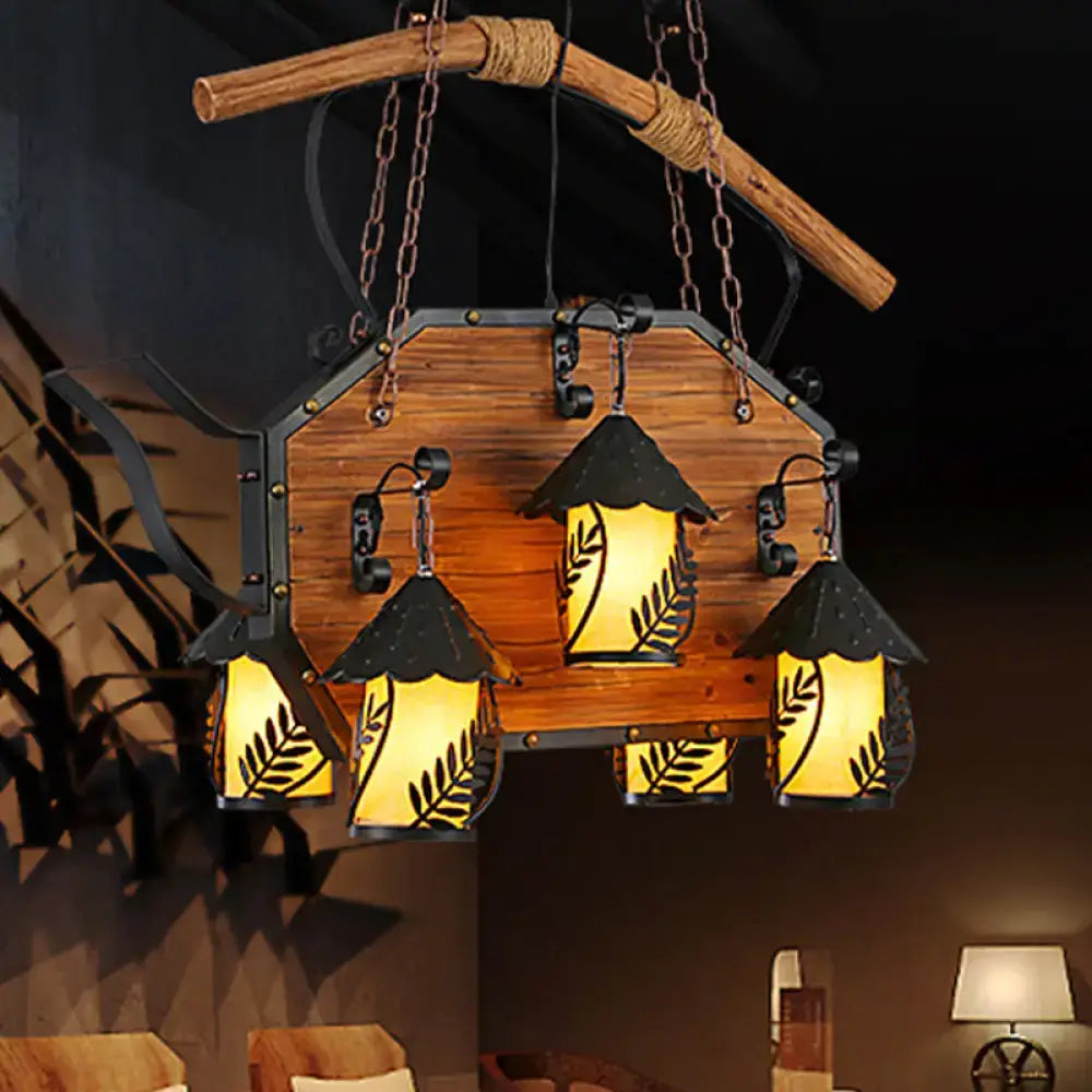 DecorBites™ Retro Ship-Shaped Island Lamp - Black Metallic Hanging Light Fixture for Restaurants - 6 Lights - White Fabric/Clear Glass Shade