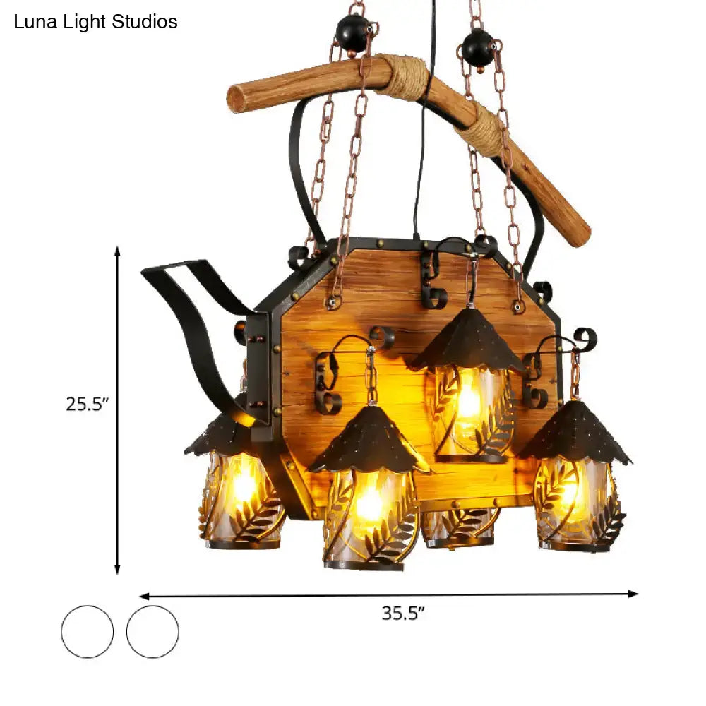 DecorBites™ Retro Ship-Shaped Island Lamp - Black Metallic Hanging Light Fixture for Restaurants - 6 Lights - White Fabric/Clear Glass Shade