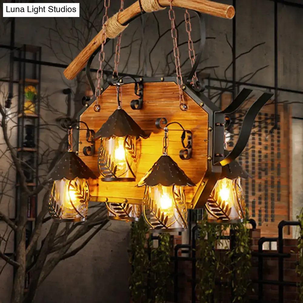 DecorBites™ Retro Ship-Shaped Island Lamp - Black Metallic Hanging Light Fixture for Restaurants - 6 Lights - White Fabric/Clear Glass Shade