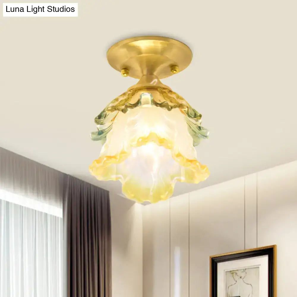 DecorBites™ Retro Style Gold Ruffle Glass Ceiling Lamp - 1-Head, Semi Flush Mount for Hallway