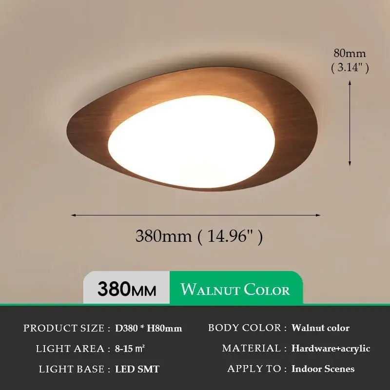DecorBites™ retro-style ceiling light in walnut color with wooden frame and acrylic diffuser for living room use