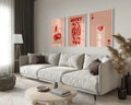 Light gray upholstered sofa with dark brown throw pillows complements decorbites™ retro wall art posters set queen of hearts collection