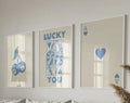 Set of three decorbites™ retro wall art posters featuring blue and cream playing card designs with queen of hearts motif