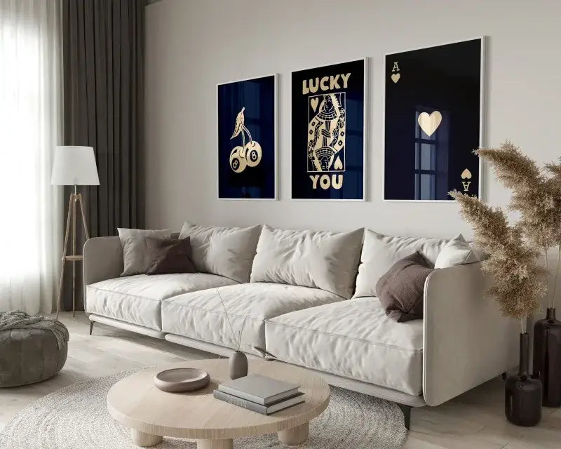 Beige upholstered sectional sofa with dark brown accent pillows shown with decorbites™ retro wall art queen of hearts theme