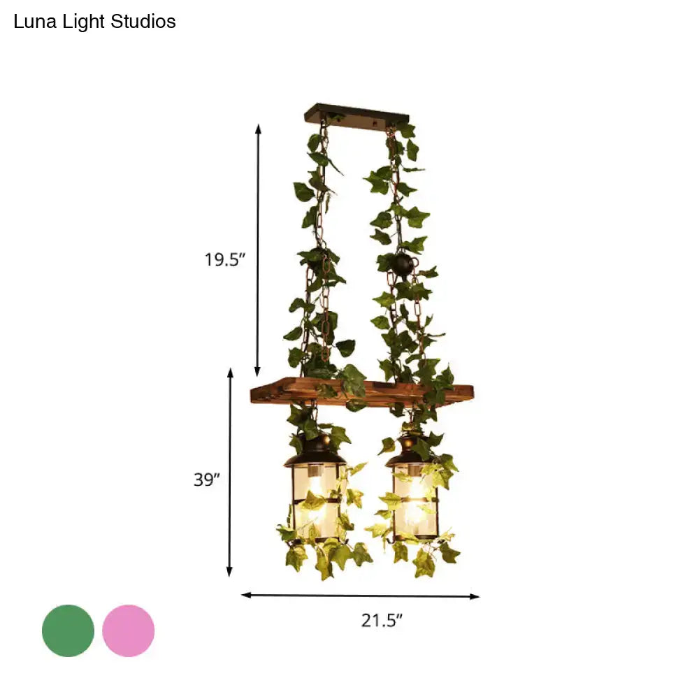 DecorBites™ Retro Wooden Lantern 2/3 Head Island Ceiling Light with LED Drop Lamp, Pink/Green, Plant/Flower Decor