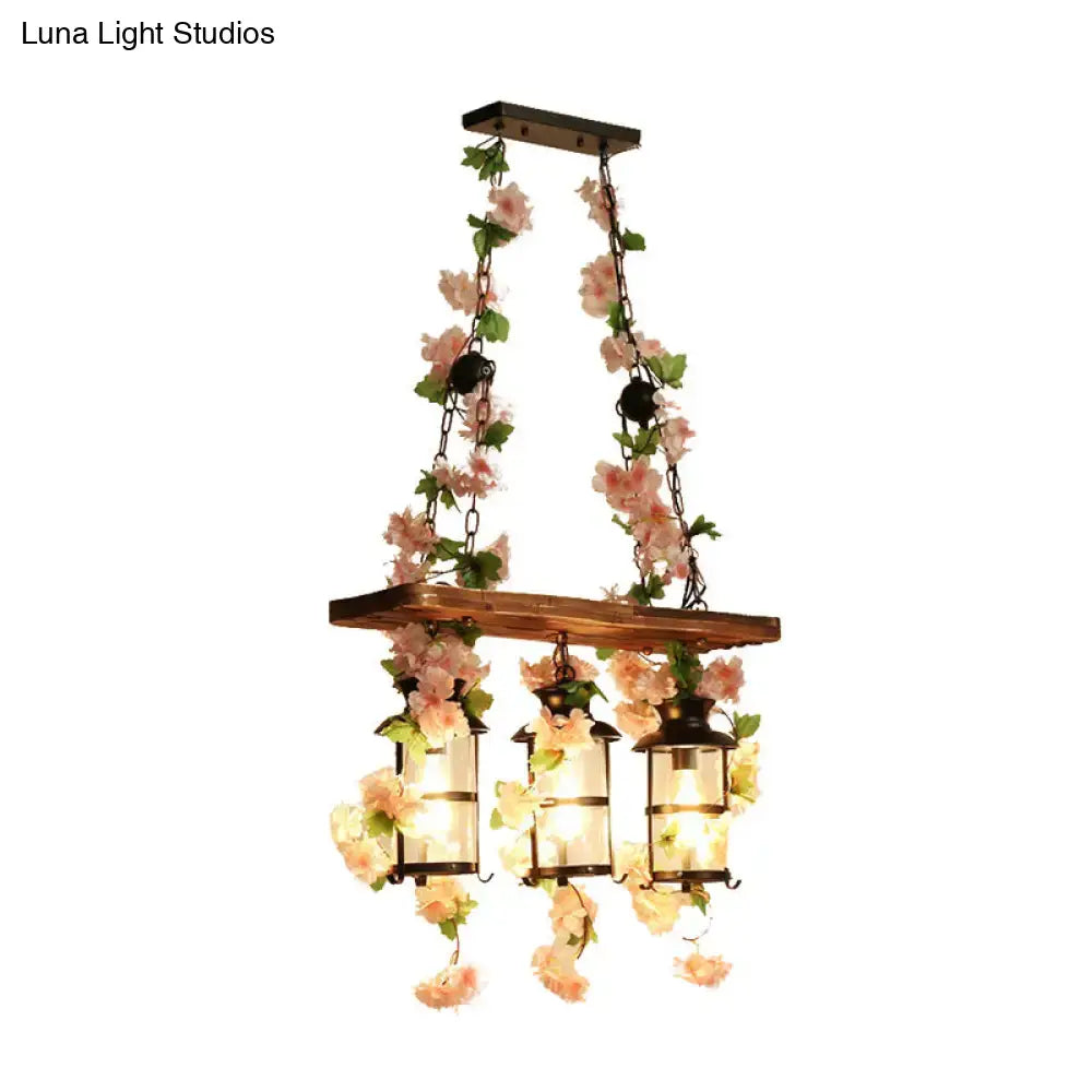 DecorBites™ Retro Wooden Lantern 2/3 Head Island Ceiling Light with LED Drop Lamp, Pink/Green, Plant/Flower Decor
