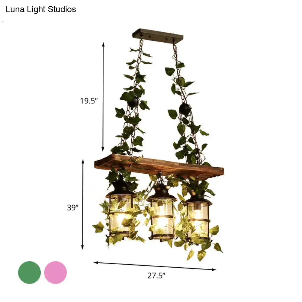 DecorBites™ Retro Wooden Lantern 2/3 Head Island Ceiling Light with LED Drop Lamp, Pink/Green, Plant/Flower Decor