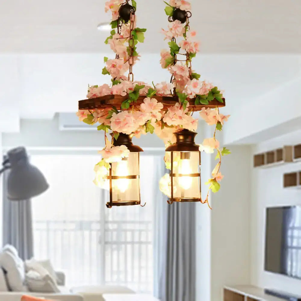 DecorBites™ Retro Wooden Lantern 2/3 Head Island Ceiling Light with LED Drop Lamp, Pink/Green, Plant/Flower Decor