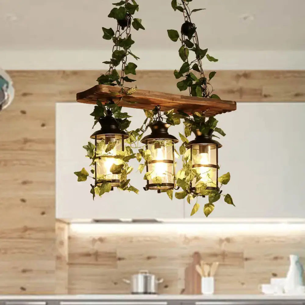 DecorBites™ Retro Wooden Lantern 2/3 Head Island Ceiling Light with LED Drop Lamp, Pink/Green, Plant/Flower Decor