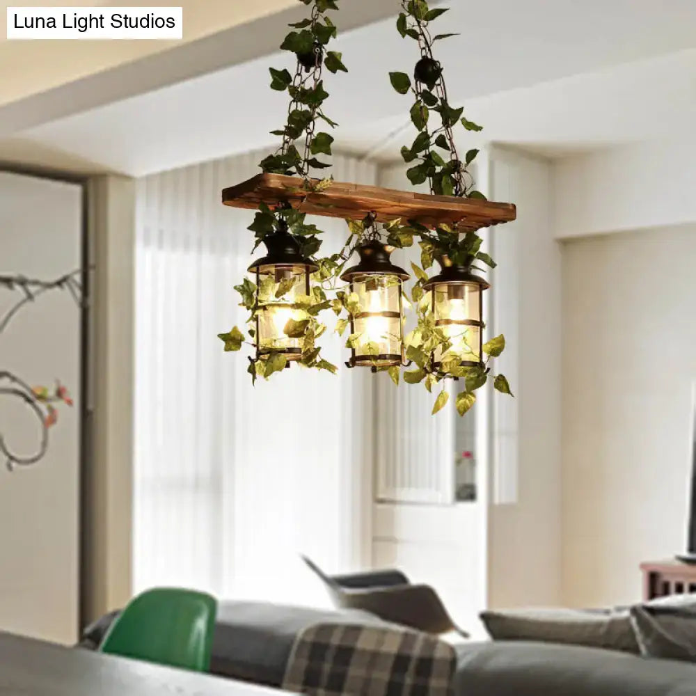DecorBites™ Retro Wooden Lantern 2/3 Head Island Ceiling Light with LED Drop Lamp, Pink/Green, Plant/Flower Decor