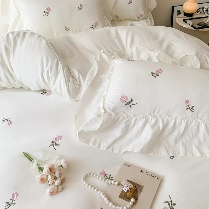 DecorBites™ Rose Embroidered Duvet Cover Set, Princess Style