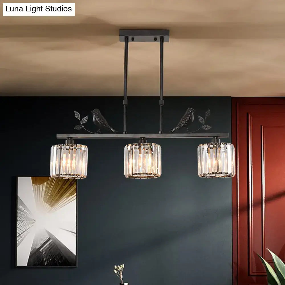 DecorBites™ Rustic 3-Head Cylindrical Crystal Island Lighting for Dining Room, with Bird and Leaf Decor