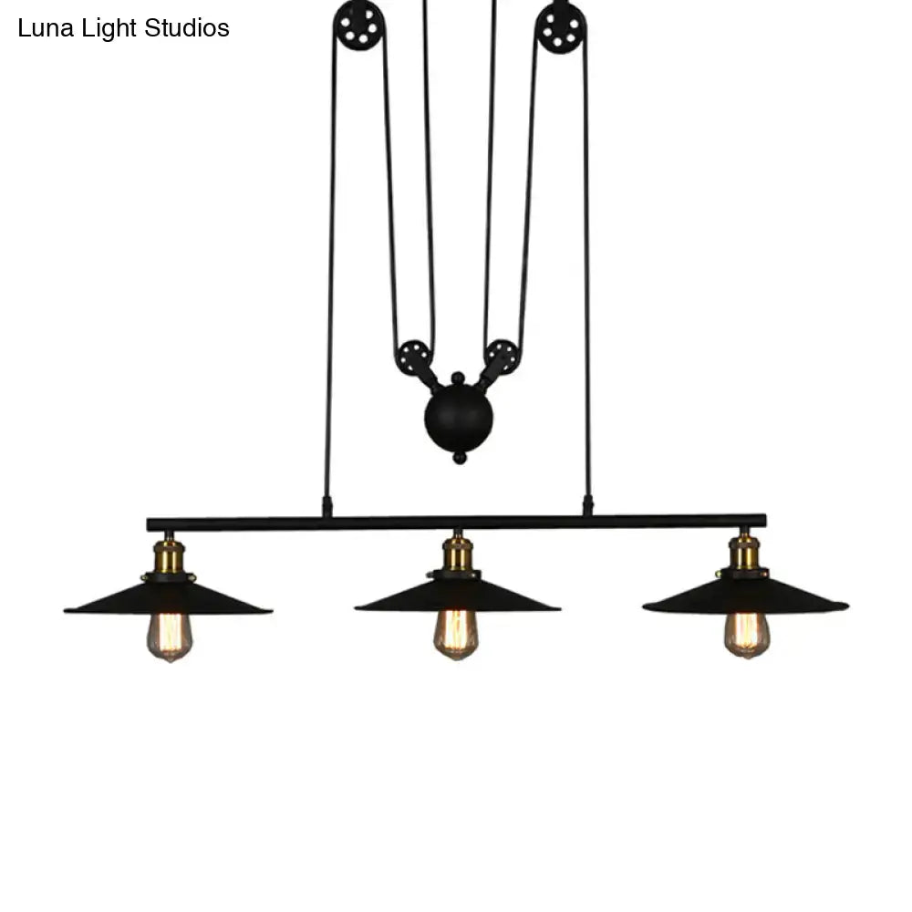 DecorBites™ Rustic 3-Head Pendant Light with Black Flared Shade, Pulley and Metallic Finish - Perfect for Your Dining Room Island!