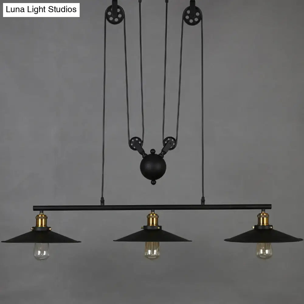 DecorBites™ Rustic 3-Head Pendant Light with Black Flared Shade, Pulley and Metallic Finish - Perfect for Your Dining Room Island!