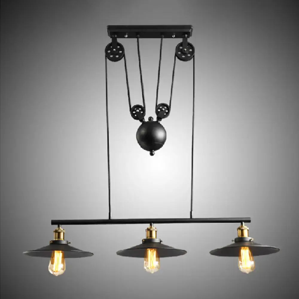 DecorBites™ Rustic 3-Head Pendant Light with Black Flared Shade, Pulley and Metallic Finish - Perfect for Your Dining Room Island!