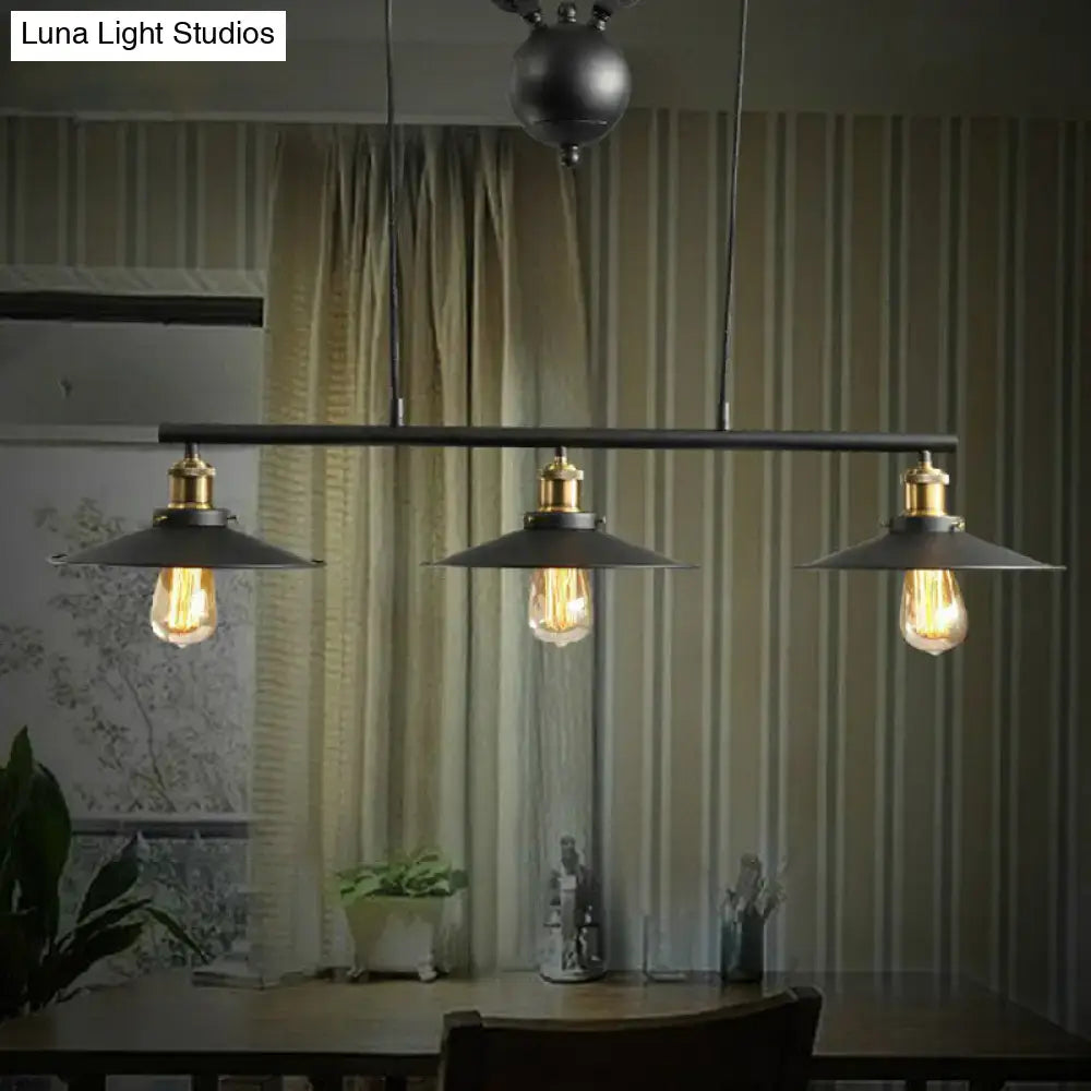 DecorBites™ Rustic 3-Head Pendant Light with Black Flared Shade, Pulley and Metallic Finish - Perfect for Your Dining Room Island!