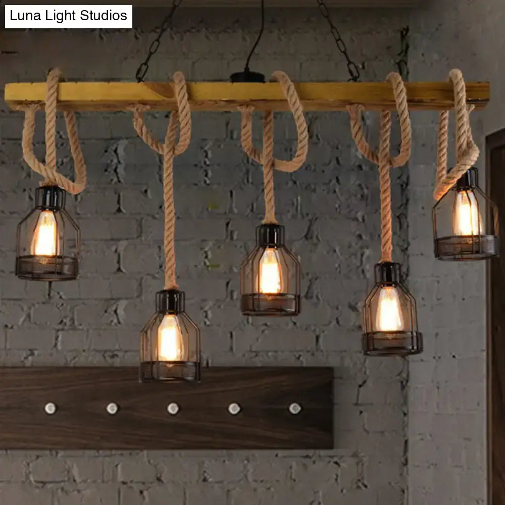 DecorBites™ Rustic 5-Head Wood Dangling Island Pendant Light with Cage – Restaurant Ceiling Fixture