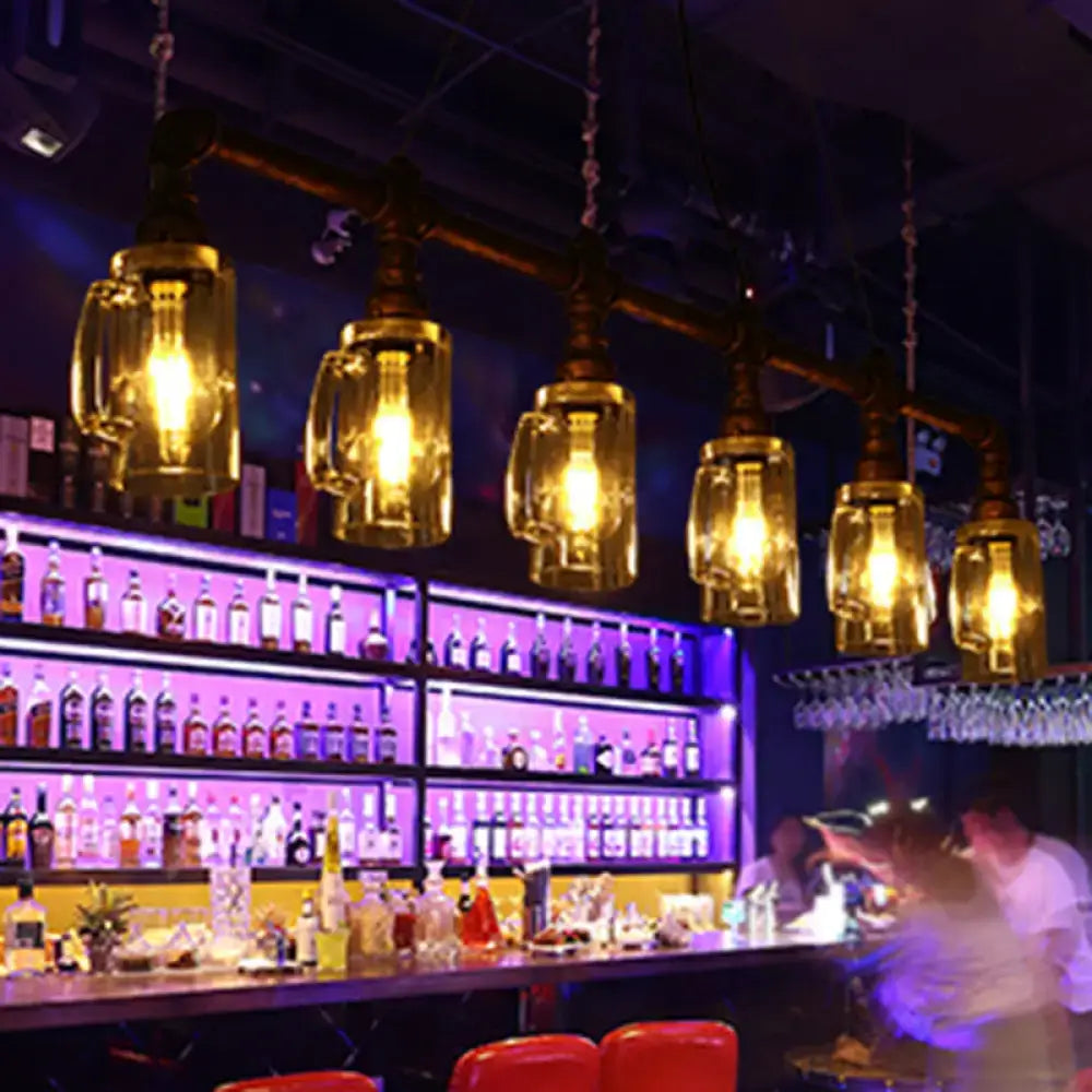 DecorBites™ Rustic Bar Ceiling Clear Glass Beer Mug Pendant Light in Bronze with Water Pipe Design