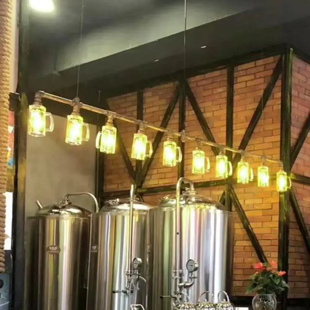 DecorBites™ Rustic Bar Ceiling Clear Glass Beer Mug Pendant Light in Bronze with Water Pipe Design