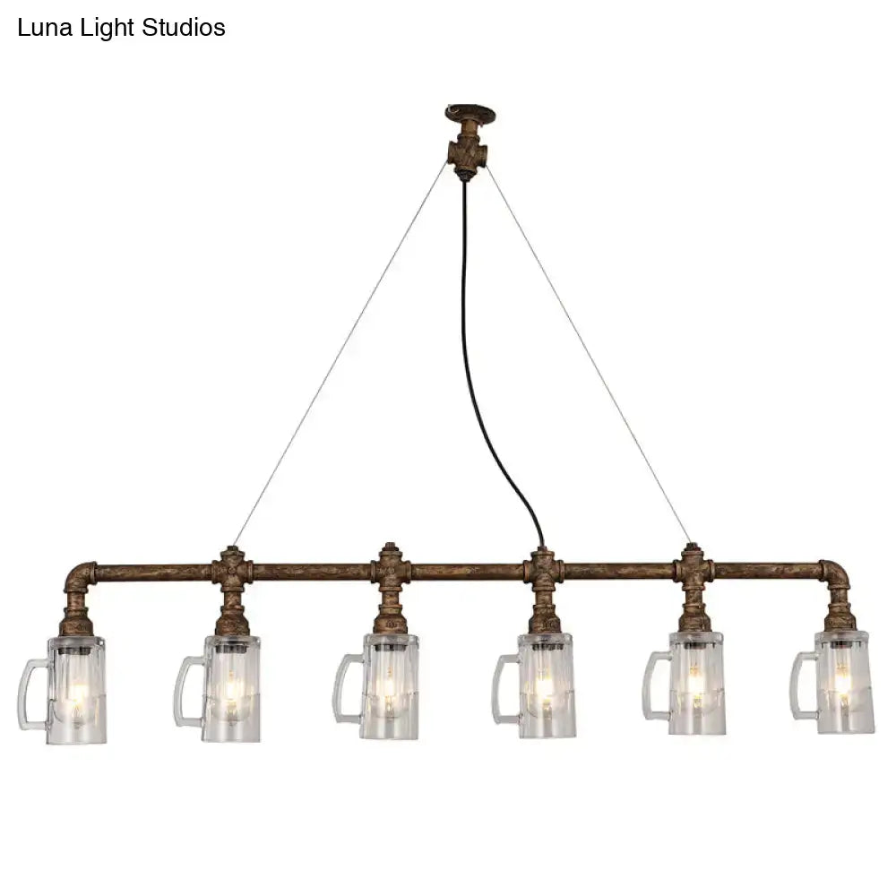 DecorBites™ Rustic Bar Ceiling Clear Glass Beer Mug Pendant Light in Bronze with Water Pipe Design