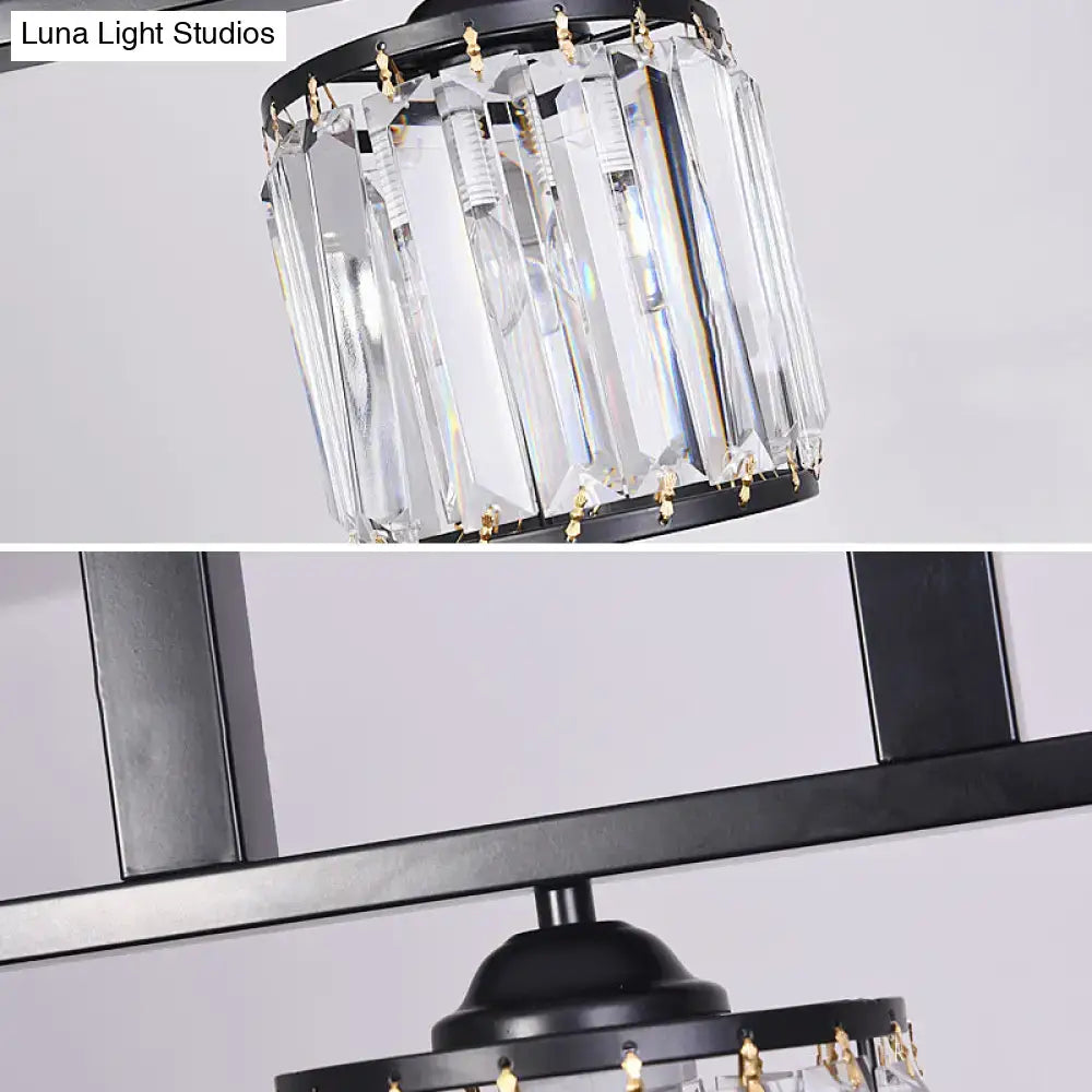 DecorBites™ Rustic Black Cylindrical Island Pendant with 3 Lights & Prismatic Crystal, Ideal for Tables
