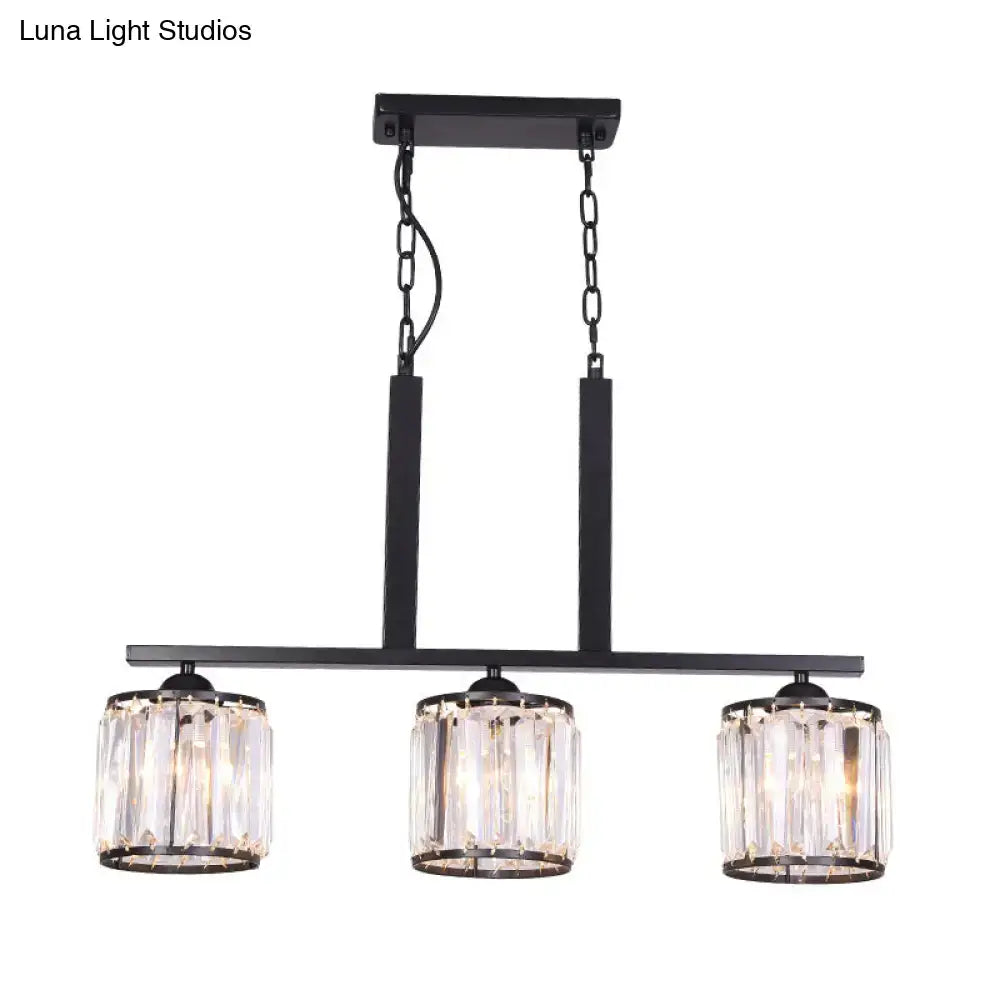 DecorBites™ Rustic Black Cylindrical Island Pendant with 3 Lights & Prismatic Crystal, Ideal for Tables