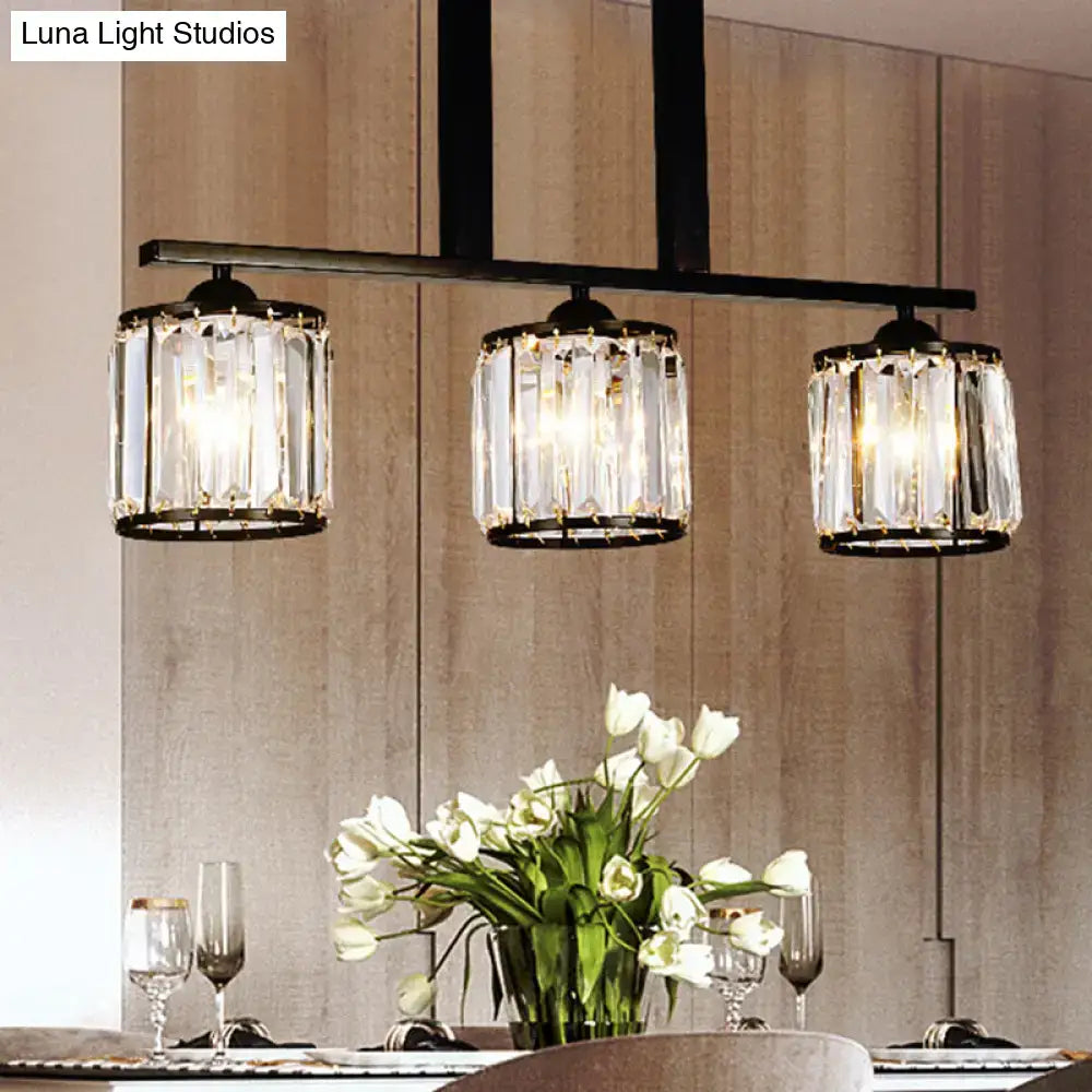 DecorBites™ Rustic Black Cylindrical Island Pendant with 3 Lights & Prismatic Crystal, Ideal for Tables