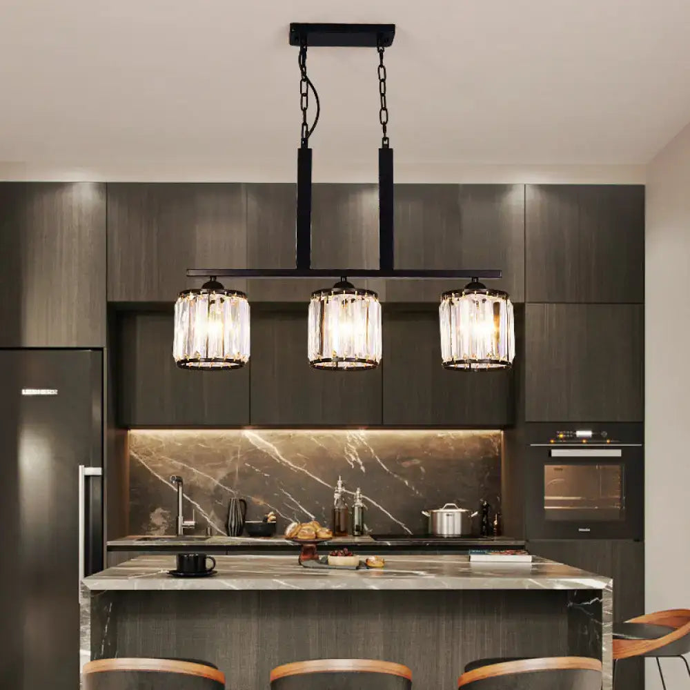 DecorBites™ Rustic Black Cylindrical Island Pendant with 3 Lights & Prismatic Crystal, Ideal for Tables