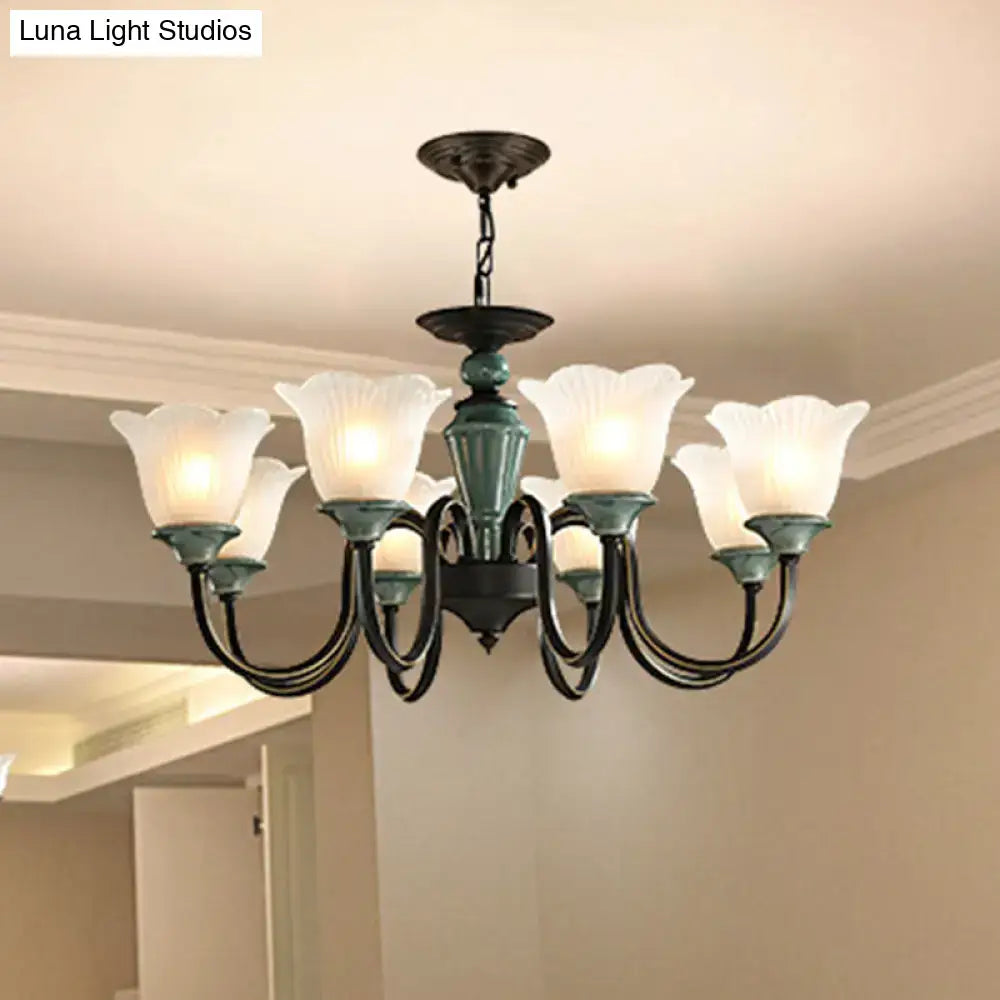 DecorBites™ Rustic Floral Chandelier with Blackish Green Suspension and Frosted Glass for Living Room