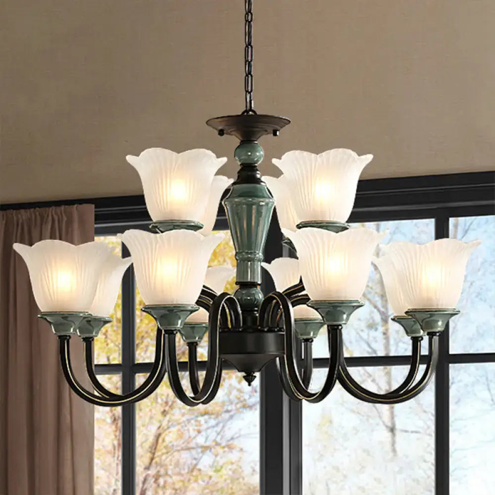 DecorBites™ Rustic Floral Chandelier with Blackish Green Suspension and Frosted Glass for Living Room