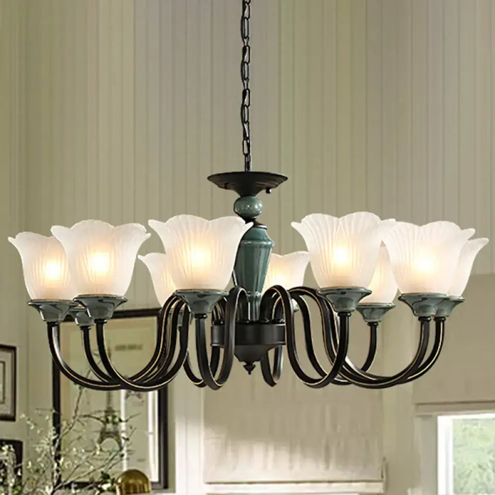 DecorBites™ Rustic Floral Chandelier with Blackish Green Suspension and Frosted Glass for Living Room