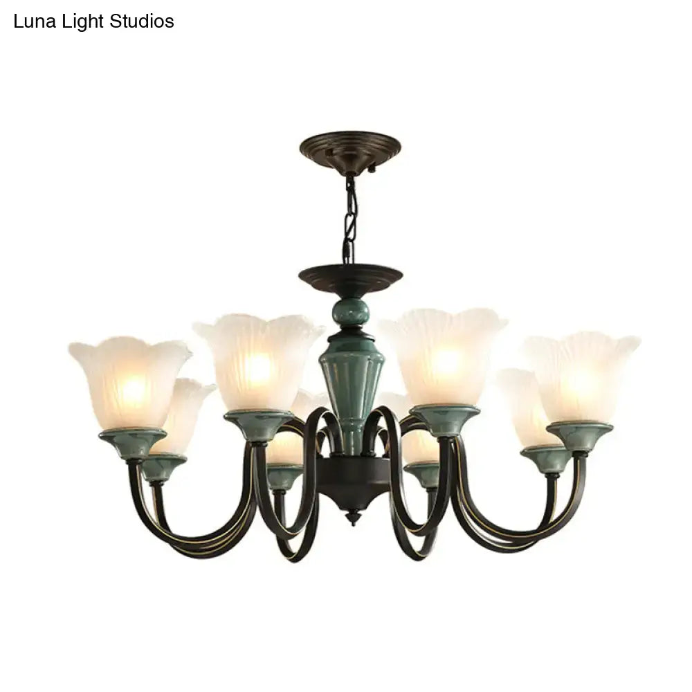 DecorBites™ Rustic Floral Chandelier with Blackish Green Suspension and Frosted Glass for Living Room