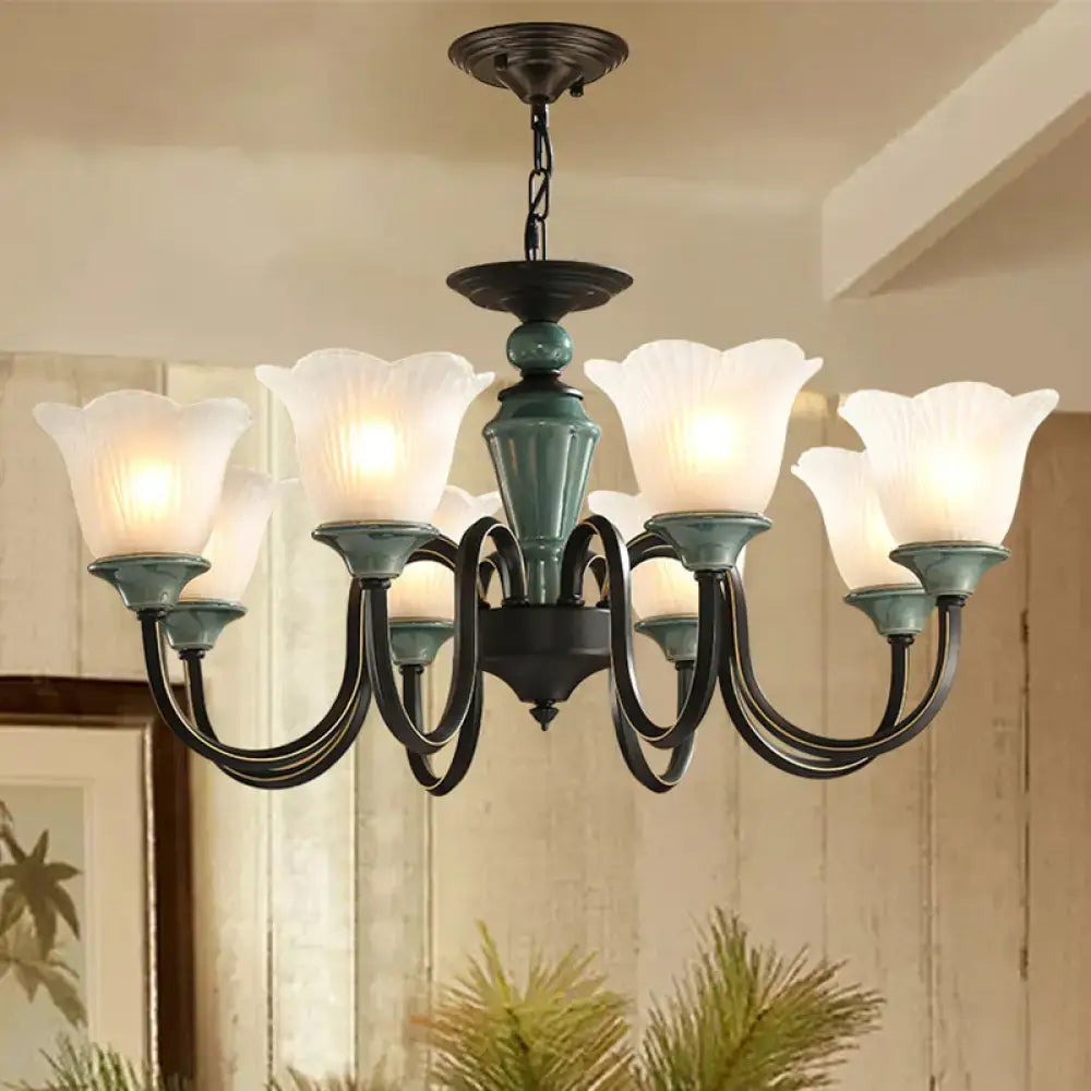 DecorBites™ Rustic Floral Chandelier with Blackish Green Suspension and Frosted Glass for Living Room
