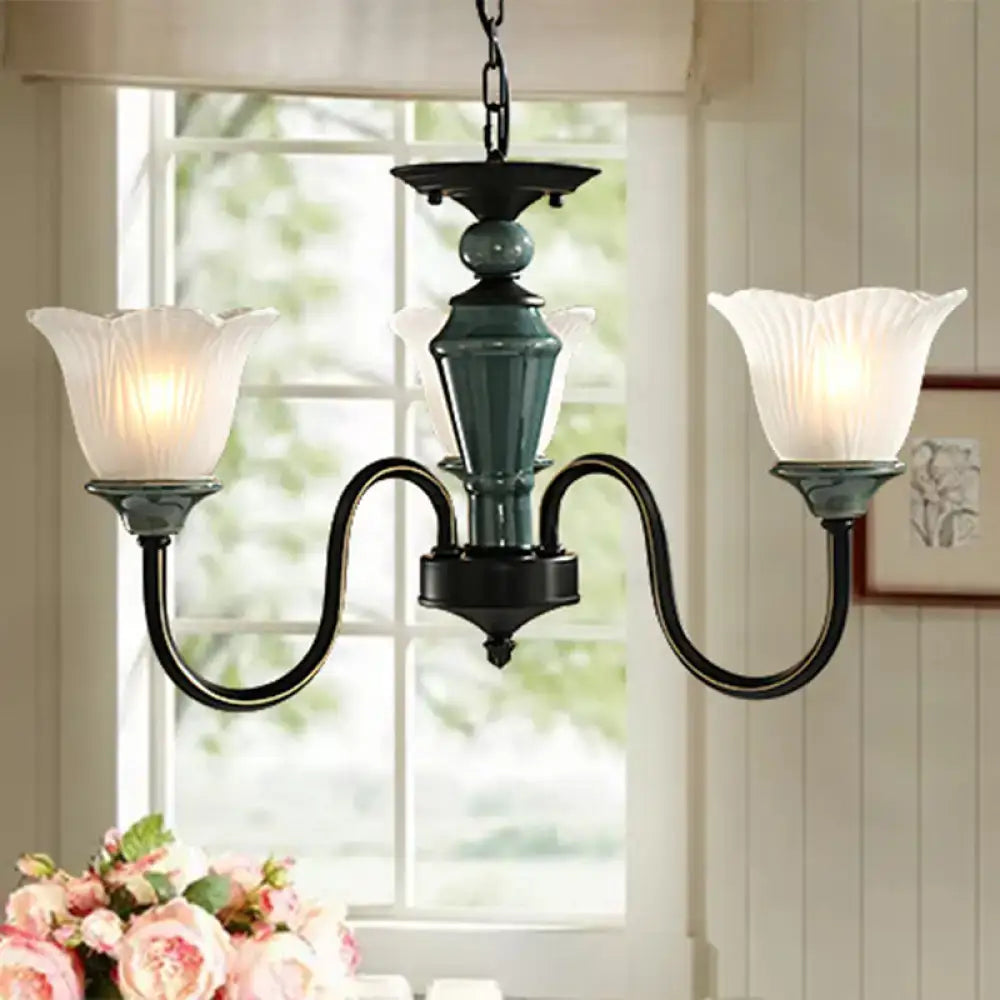 DecorBites™ Rustic Floral Chandelier with Blackish Green Suspension and Frosted Glass for Living Room