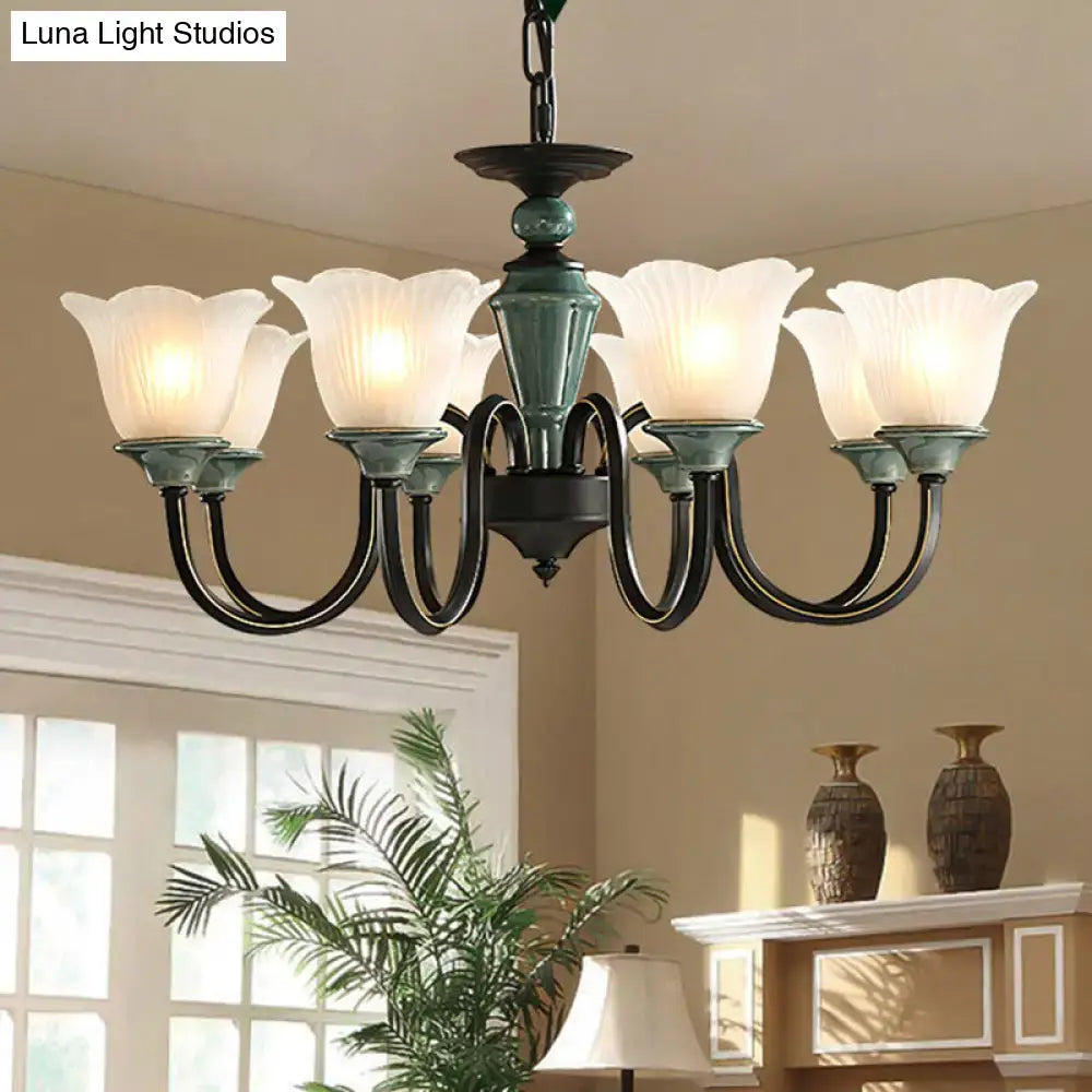 DecorBites™ Rustic Floral Chandelier with Blackish Green Suspension and Frosted Glass for Living Room