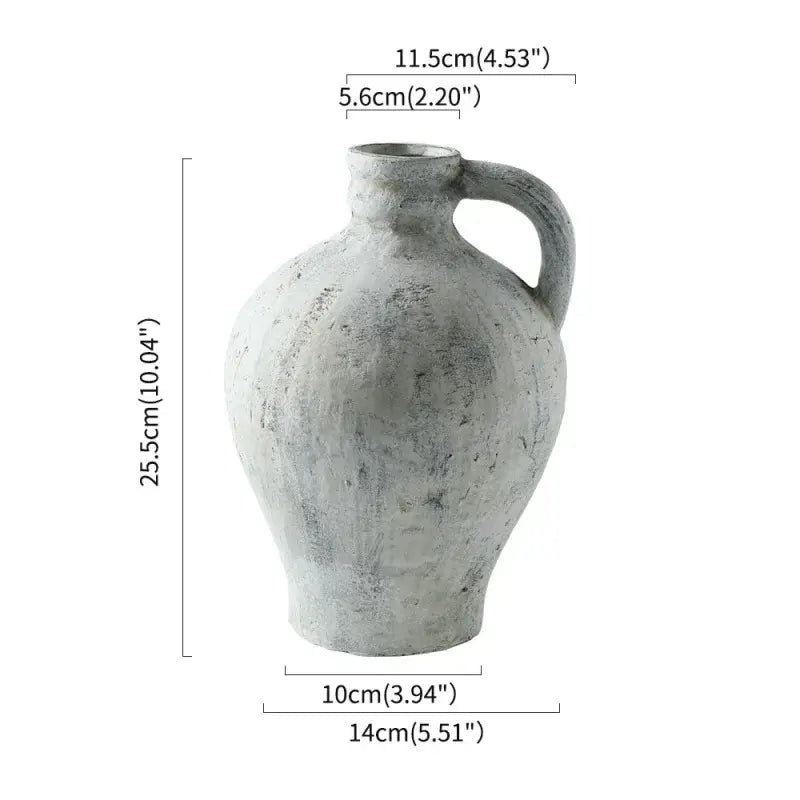 DecorBites™ rustic handmade ceramic vase in gray with a textured coarse pottery finish and sturdy handle for home decor