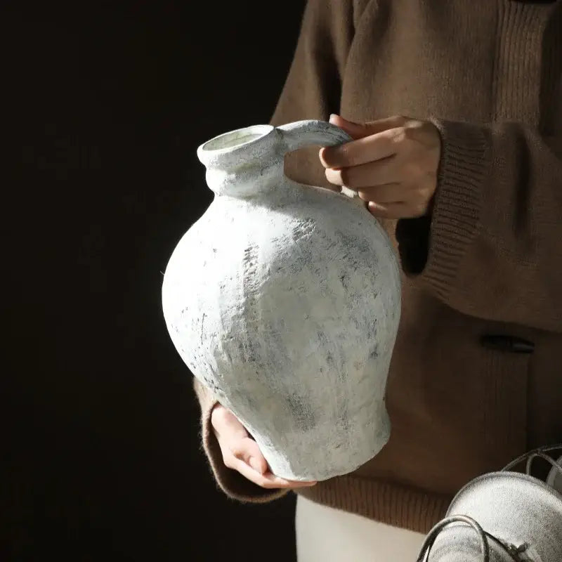 DecorBites™ rustic handmade ceramic vase in off-white coarse pottery with textured surface and sturdy handle for home decor