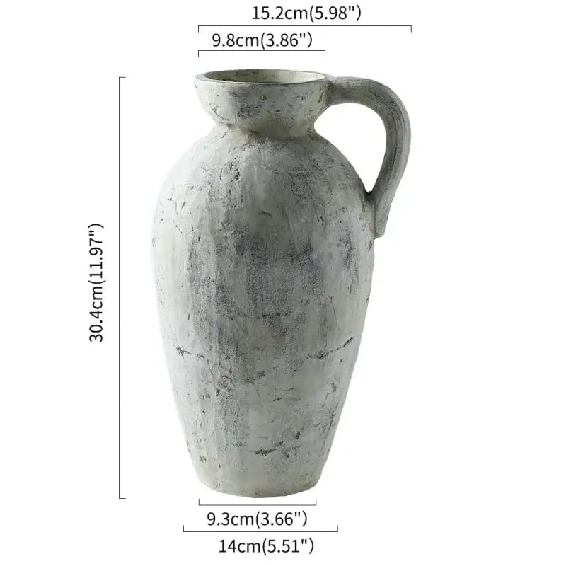DecorBites rustic handmade ceramic vase in coarse pottery with a textured gray finish and sturdy handle for home decor