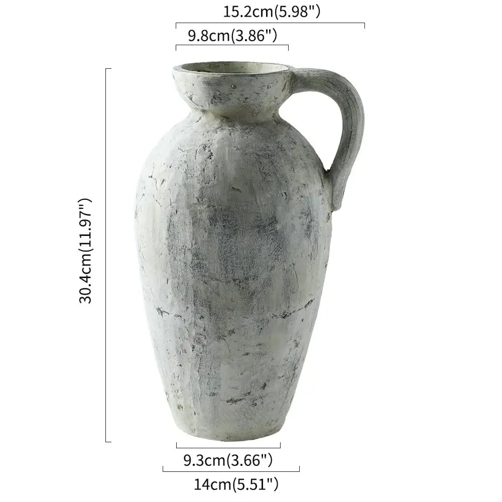 DecorBites™ rustic handmade ceramic vase with a textured gray coarse pottery pitcher and sturdy handle for home decor