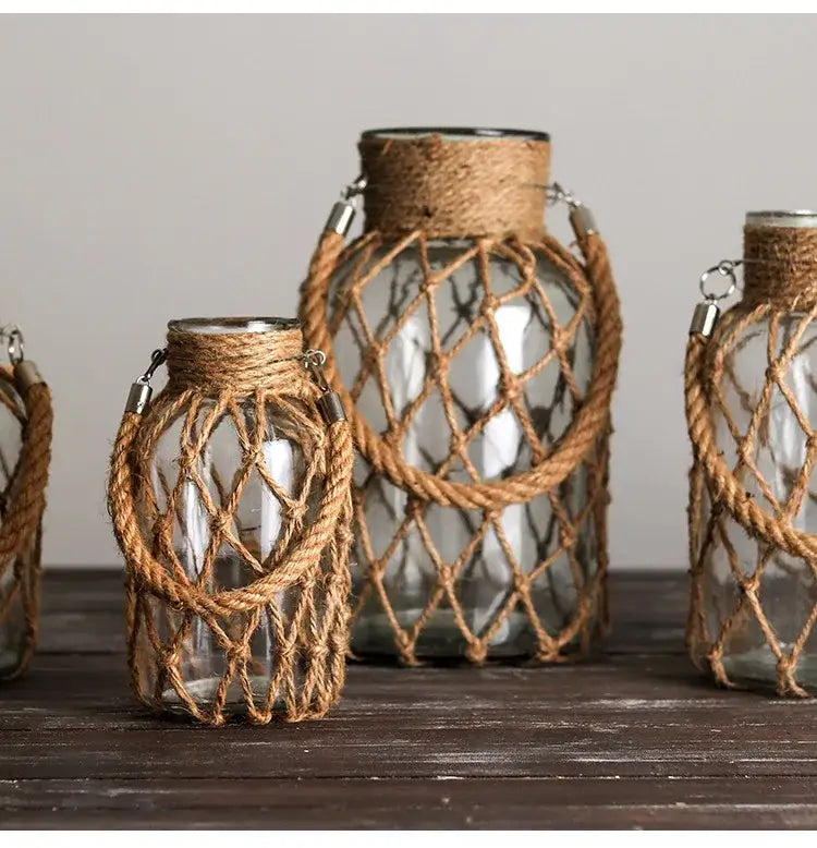 DecorBites™ Rustic Hanging Glass Vase with Hemp Rope