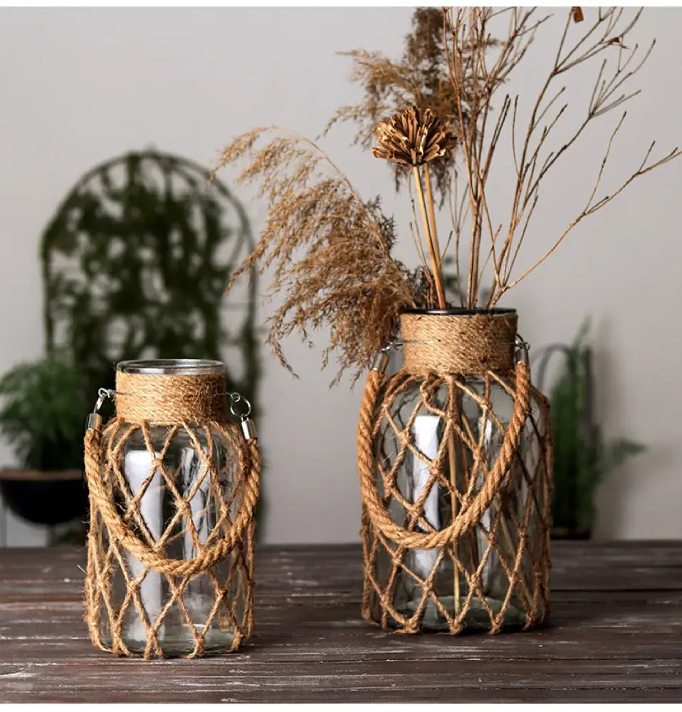 DecorBites™ Rustic Hanging Glass Vase with Hemp Rope
