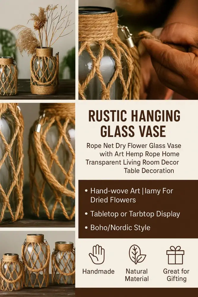 DecorBites™ Rustic Hanging Glass Vase with Hemp Rope