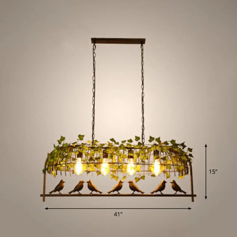 DecorBites™ Rustic Island Ceiling Light with Cast Iron Birdcage Fixture, Bird & Leaf Deco