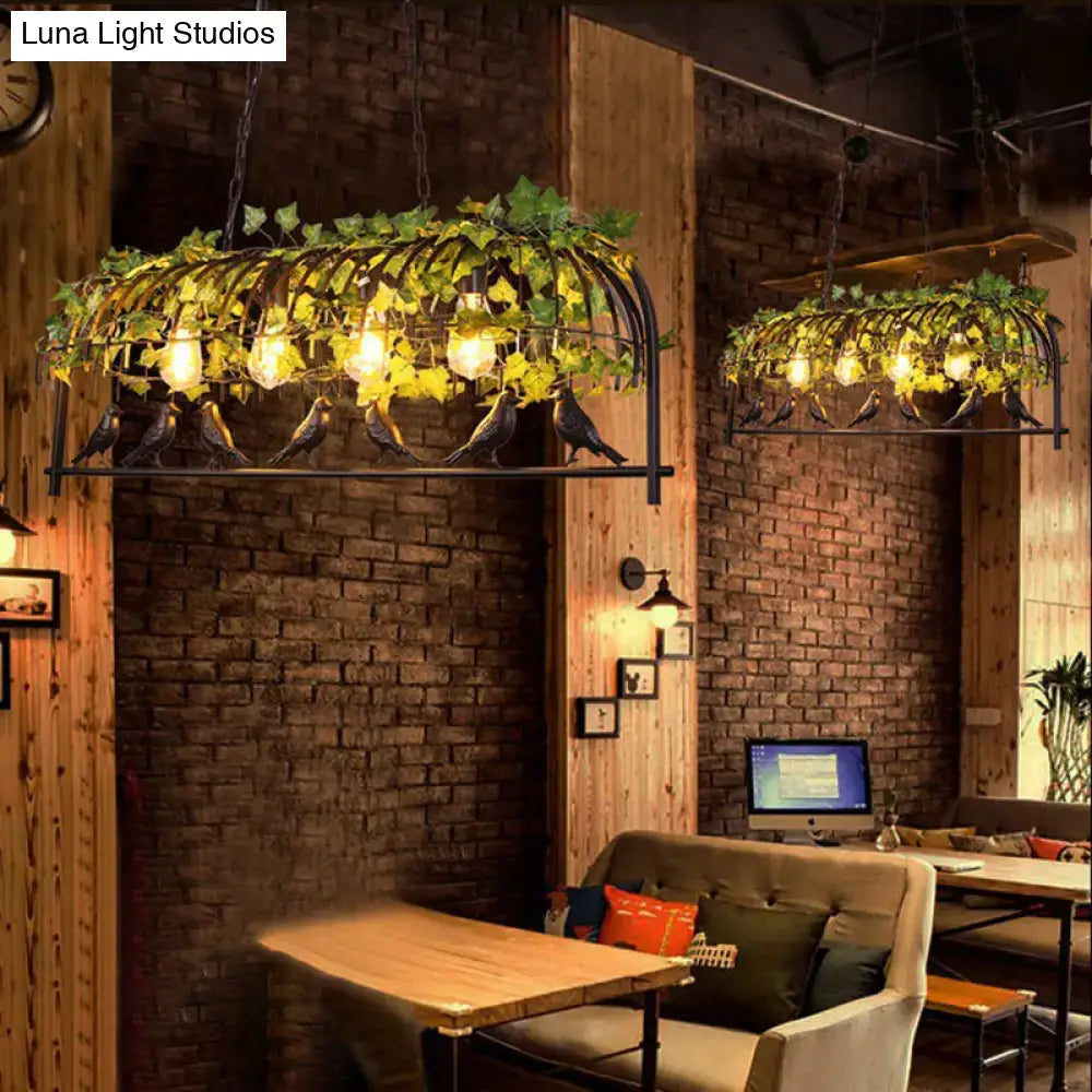 DecorBites™ Rustic Island Ceiling Light with Cast Iron Birdcage Fixture, Bird & Leaf Deco