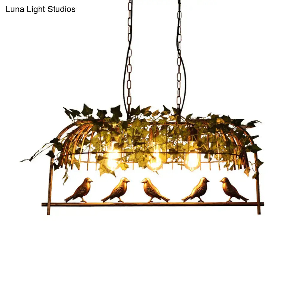 DecorBites™ Rustic Island Ceiling Light with Cast Iron Birdcage Fixture, Bird & Leaf Deco