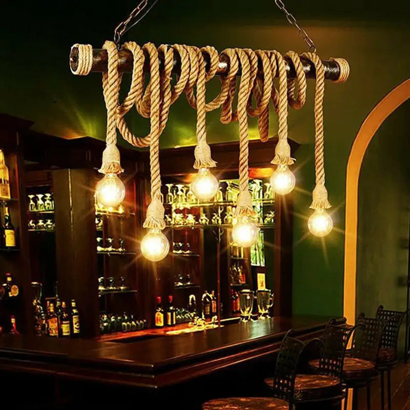 DecorBites™ Rustic Jute Rope Island Pendant Light for Wine Bar - 4/6 Lights, Farmhouse Style, Linear Design