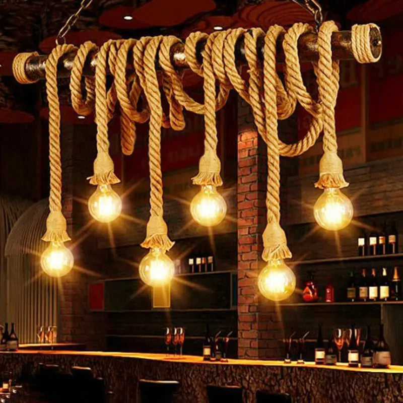 DecorBites™ Rustic Jute Rope Island Pendant Light for Wine Bar - 4/6 Lights, Farmhouse Style, Linear Design