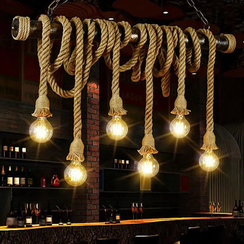 DecorBites™ Rustic Jute Rope Island Pendant Light for Wine Bar - 4/6 Lights, Farmhouse Style, Linear Design